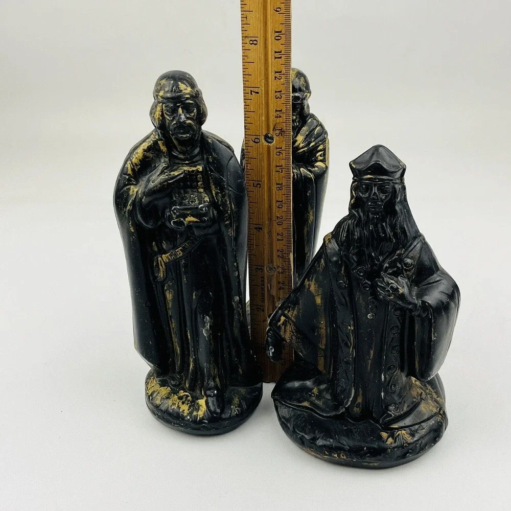 Vtg Three Wisemen Wax Figurines Black‎ with Gold Paint Christmas Nativity Kings
